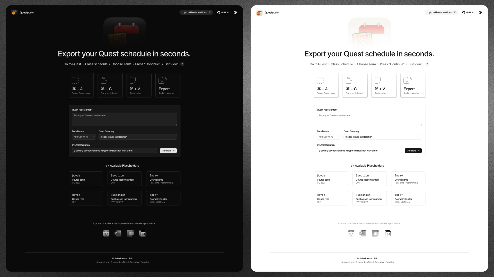 Questporter Key Screens